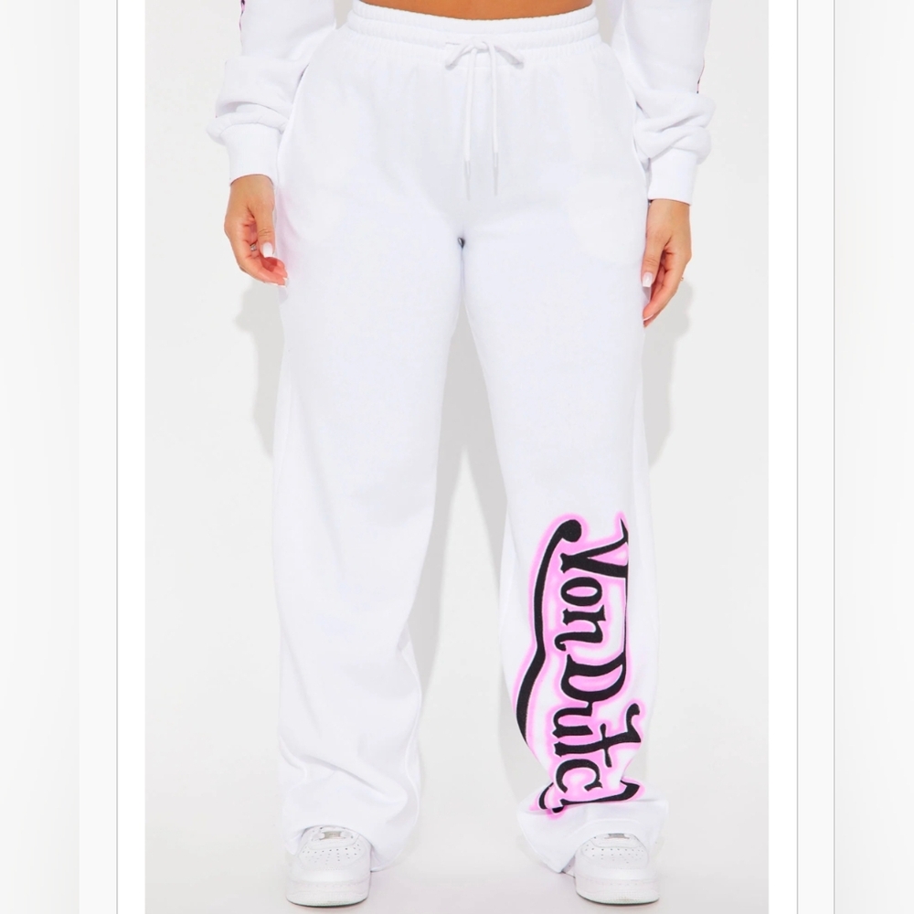 NWT Von Dutch Logo Fleece Wide Leg Pants White Pink Women's Size Medium